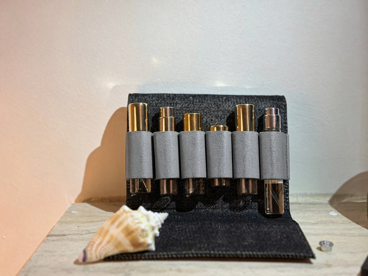 Denim Fragrance Travel Pouch | 6-Bottle Roller & Decant Case